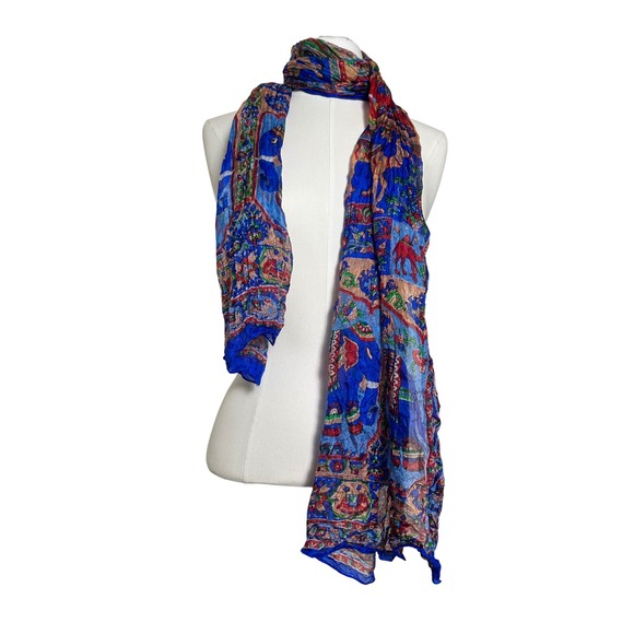 Unbranded Accessories - Vintage Indian 100% Silk Scarf Blue Sheer Elegant Print Boho Festival Wrap